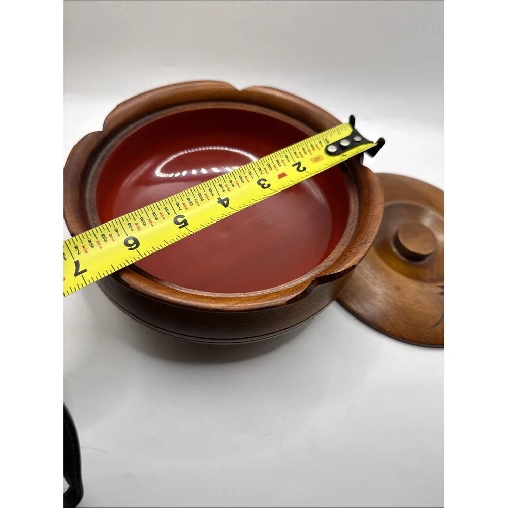Vintage Hand Carved Wooden Bowl Bamboo Carving With Lid Lacquered Interior 7